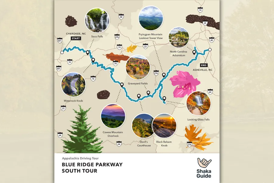 Illustrated map of the Blue Ridge Parkway South Tour showing the driving route, waterfalls, overlooks, and scenic stops between Cherokee and Asheville.