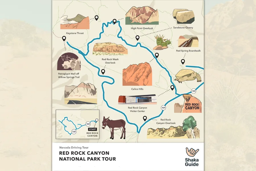 Illustrated map of Red Rock Canyon showing the driving tour route, scenic overlooks, trail stops, and major landmarks around the park.
