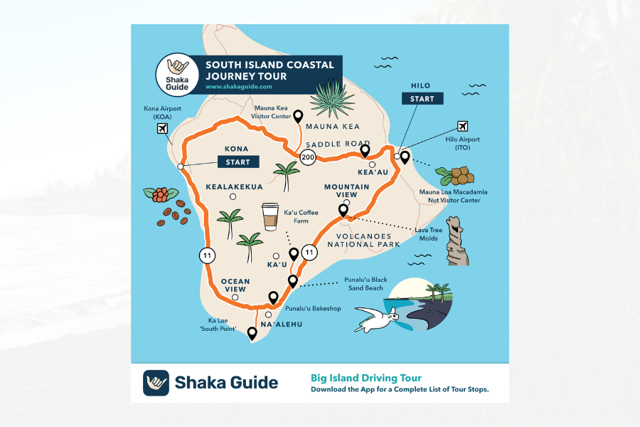 Illustrated map of the South Island Coastal Journey Tour showing the driving route, major stops, and start points from Kona and Hilo.