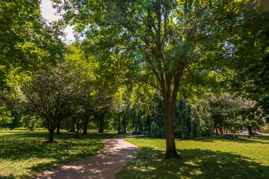 A tranquil tree-lined brick pathway winds through Schiller Park in German Village, Columbus, Ohio, on a bright summer day. Tall mature trees with full green canopies create a shaded, dappled light effect over a well-maintained lawn. A lamppost is faintly visible along the path in the middle distance, and red brick buildings are partially glimpsed through the trees on the right edge.