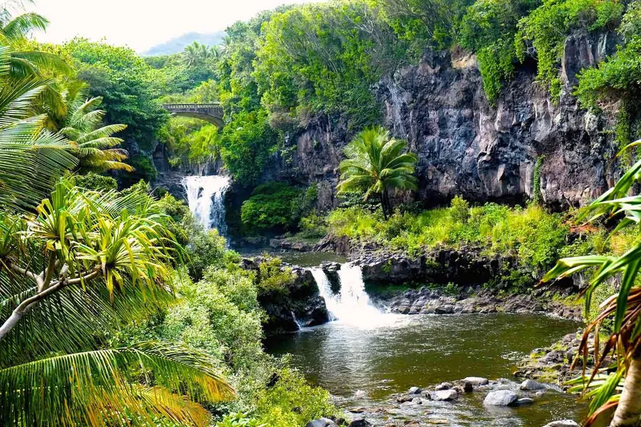 Lush tropical gorge with layered waterfalls, rocky cliffs, palm trees, and a bridge spanning the upper falls.