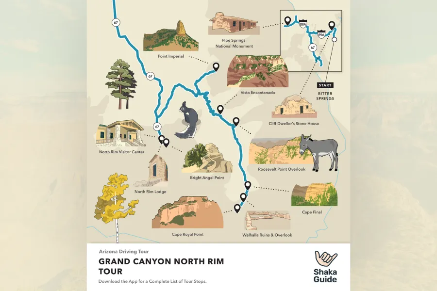 Illustrated map of the Grand Canyon North Rim Tour showing the driving route, major viewpoints, landmarks, and scenic stops across the park.