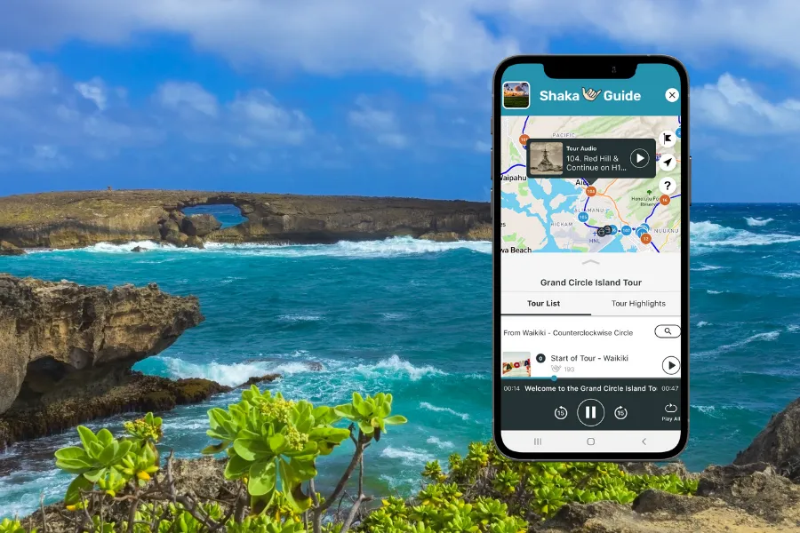 Smartphone displaying the Shaka Guide app over a rocky coastal ocean scene with bright blue water, crashing waves, and a natural sea arch in the background.