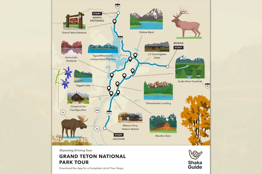 Illustrated map of Grand Teton National Park showing the driving tour route, major overlooks, landmarks, and scenic stops across the park.