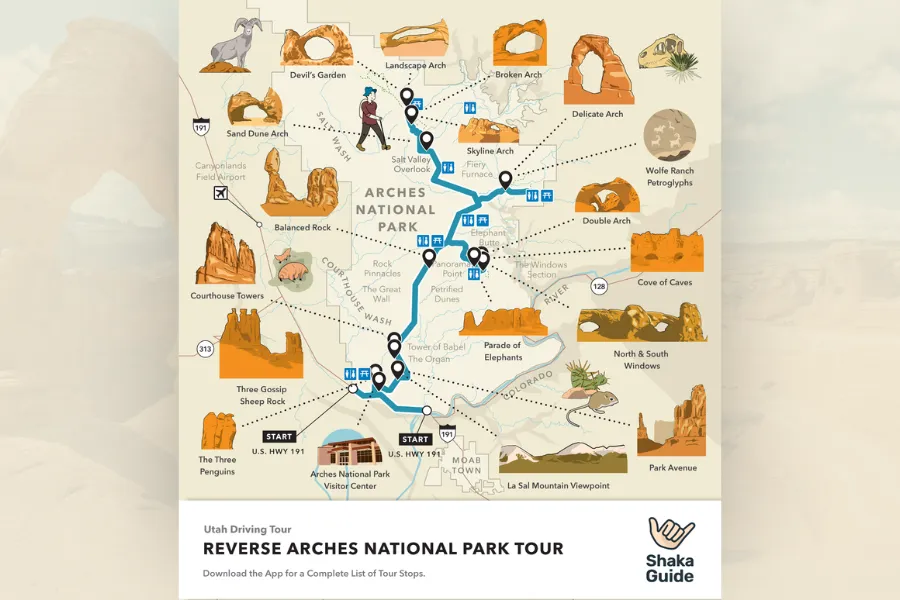 Illustrated map of the Reverse Arches National Park Tour showing stops and landmarks along the route.