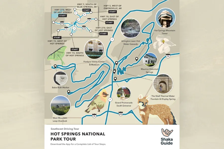 An illustrated Shaka Guide driving tour map of Hot Springs National Park, highlighting stops such as Bathhouse Row, Arlington Lawn Hot Water Cascade, Hot Springs Mountain Tower, and the Babe Ruth Marker, decorated with illustrations of a luna moth, cedar waxwing, and fox.