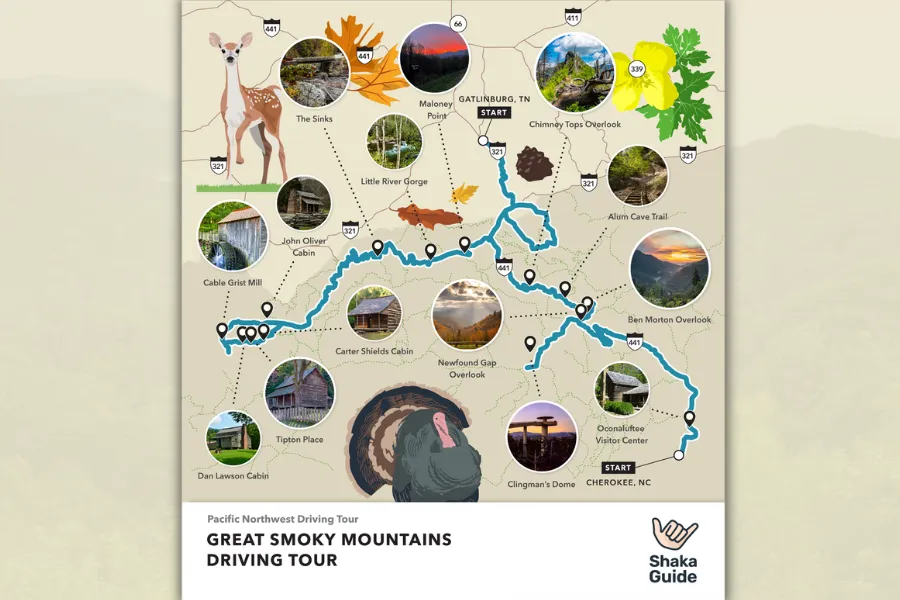 Illustrated map of the Great Smoky Mountains Driving Tour showing the route, overlooks, historic cabins, and scenic stops between Gatlinburg and Cherokee.