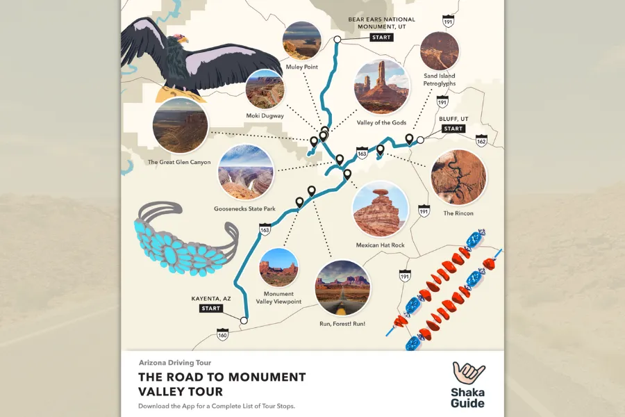 A map infographic shows the Road to Monument Valley driving tour route with major stops, scenic viewpoints, and cultural landmarks between Kayenta, Bluff, and Bears Ears National Monument.