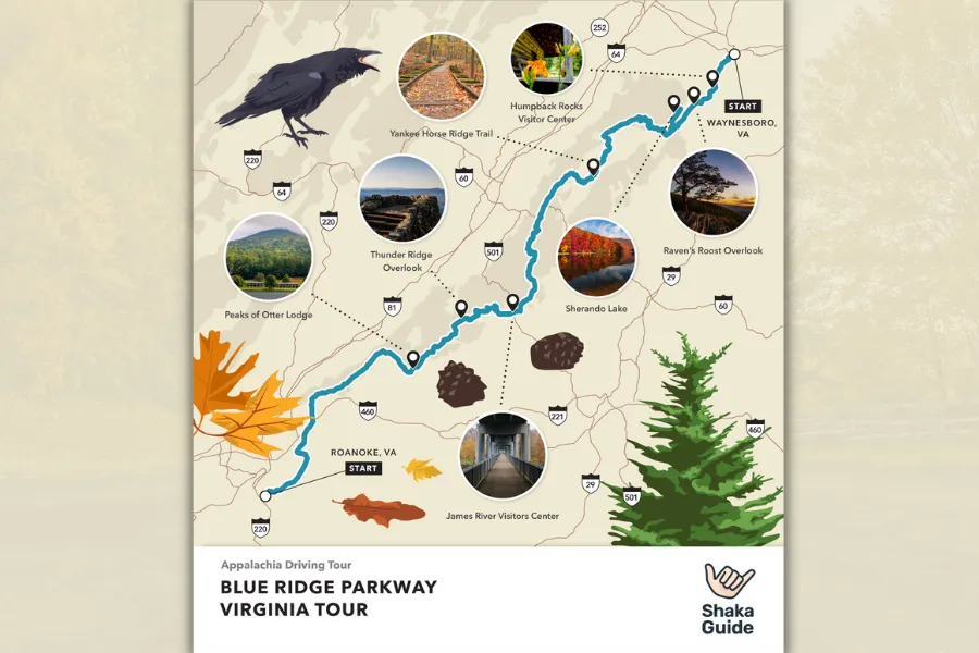 Illustrated map of the Blue Ridge Parkway Virginia Tour showing the driving route, overlooks, visitor centers, and scenic stops between Roanoke and Waynesboro.