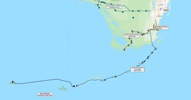Map showing route from Miami to Dry Tortugas National Park with stops at Everglades, Biscayne, and other Florida Keys tours.