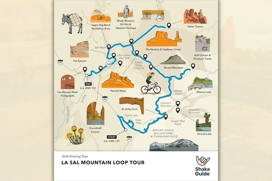 Illustrated map of the La Sal Mountain Loop Tour showing the driving route, scenic stops, and landmarks around Moab and the surrounding desert.