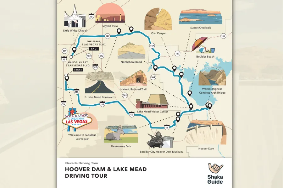 Illustrated map of the Hoover Dam and Lake Mead Driving Tour showing the route, scenic stops, and major landmarks from Las Vegas to Boulder City.