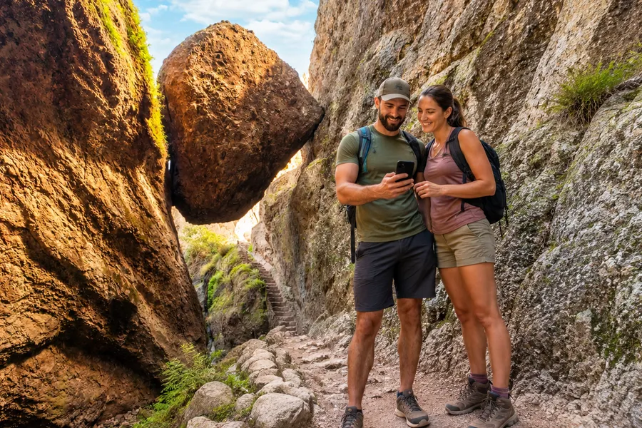 Two hikers stand in a narrow rock canyon at Pinnacles National Park, smiling as they look at a smartphone together. Behind them, a massive boulder is suspended between towering cliff walls, creating a dramatic natural passage. The hikers wear casual outdoor clothing and backpacks, while a rugged trail and stone steps wind through the rocky landscape beneath the iconic balancing rock formation.