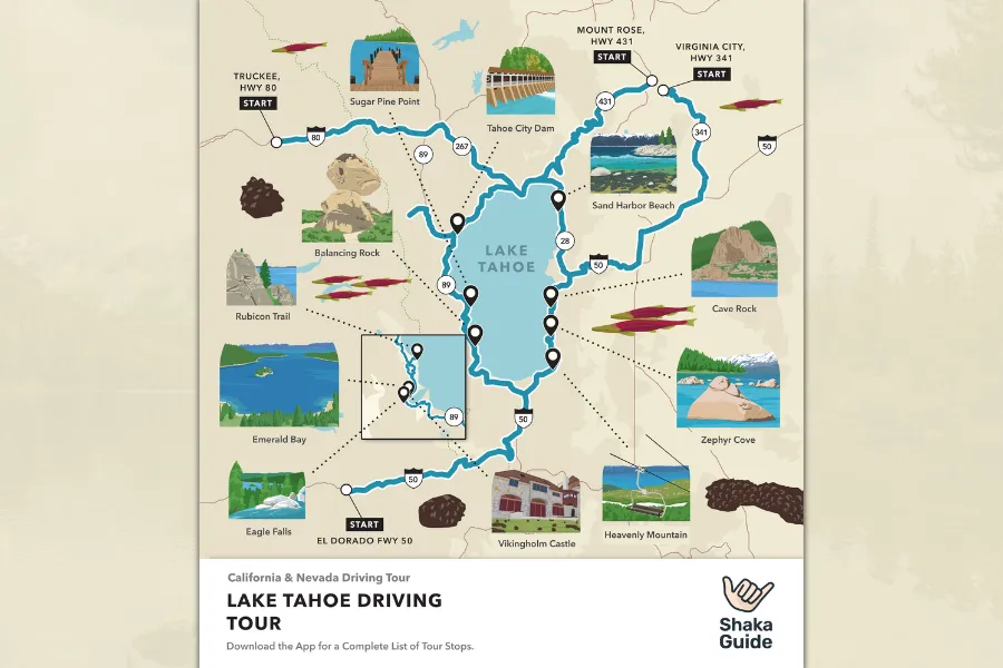 Traveler sits on a rocky overlook above a deep blue lake surrounded by dense pine forests and distant mountain ridges.  Illustrated map of the Lake Tahoe Driving Tour showing the route, scenic stops, beaches, and major landmarks around the lake.
