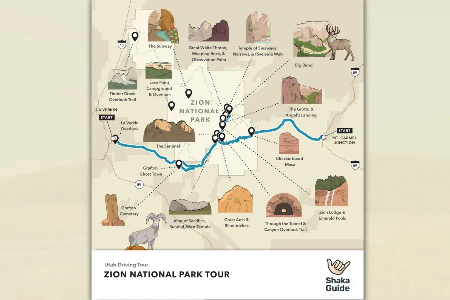 Illustrated map of Zion National Park showing the driving tour route, major trailheads, viewpoints, and scenic stops across the park.