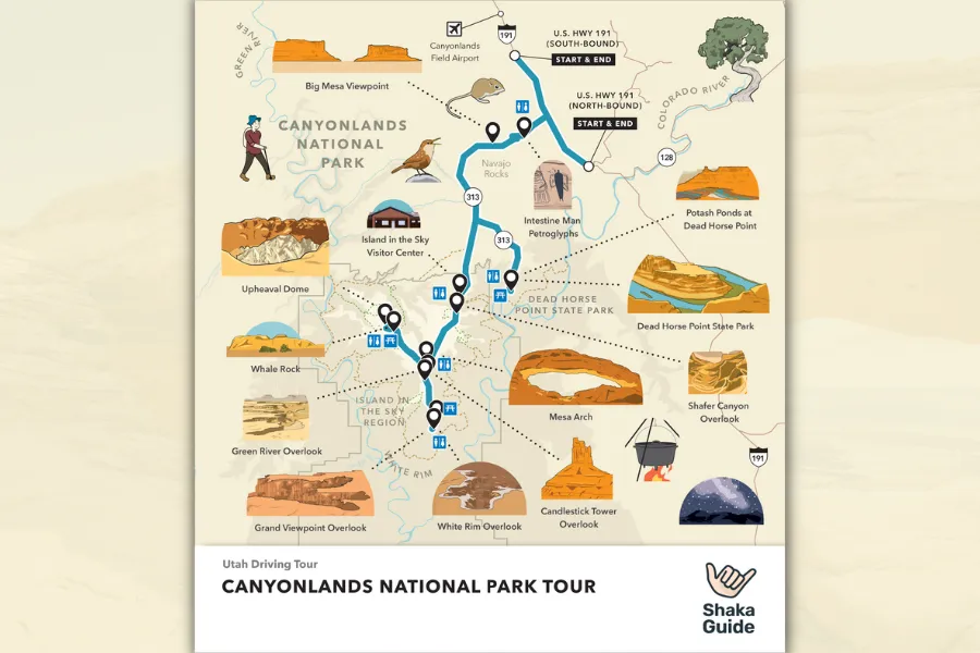 Illustrated map of Canyonlands National Park showing the driving tour route, major overlooks, trailheads, and scenic stops across the park.