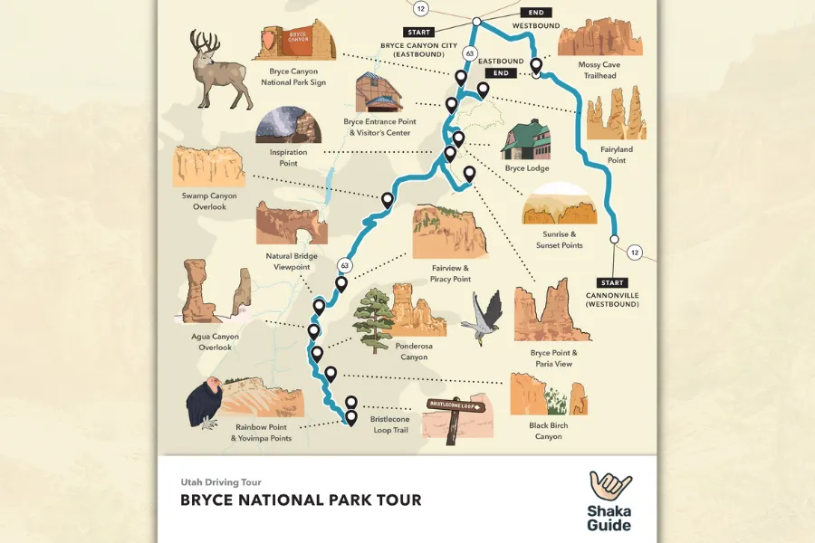 Illustrated map of Bryce Canyon National Park showing the driving tour route, major viewpoints, trailheads, and scenic stops across the park.