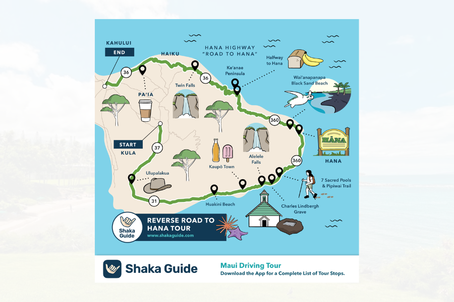 Illustrated map of Maui’s Reverse Road to Hana Tour showing the driving route, major stops, and scenic landmarks from Kula to Kahului.