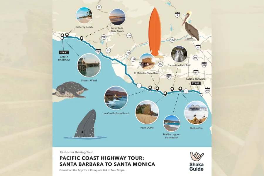 A wide, high-angle landscape shot taken from a grassy bluff overlooking the Malibu coastline. On the left, a jagged, brown rocky point juts out into the turquoise Pacific Ocean, with several small figures of people visible on top. To the right, a long, sandy beach curves into the distance, lined with a parking lot and coastal homes. Dark green mountains rise in the far background under a bright, slightly overcast sky.