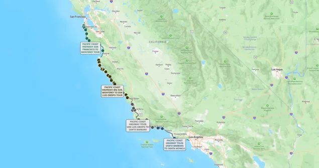 A map of California’s coastline highlights a multi-part Pacific Coast Highway route running from San Francisco to Santa Monica. Four labeled tour segments are marked with a series of dots tracing the coast: San Francisco to Monterey, Monterey to San Luis Obispo (Big Sur), San Luis Obispo to Santa Barbara, and Santa Barbara to Santa Monica. Major cities including San Francisco, Los Angeles, and Las Vegas are visible on the regional map, while the Pacific Ocean borders the route to the west.