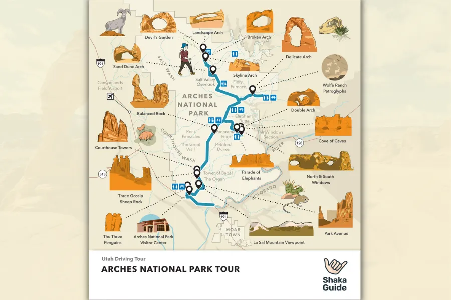 Illustrated map of Arches National Park showing the driving tour route, major arches, viewpoints, and scenic stops across the park.
