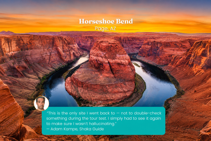 The Colorado River curves dramatically around the famous sandstone formation at Horseshoe Bend during sunset. The image includes a traveler quote about returning to experience the view again.