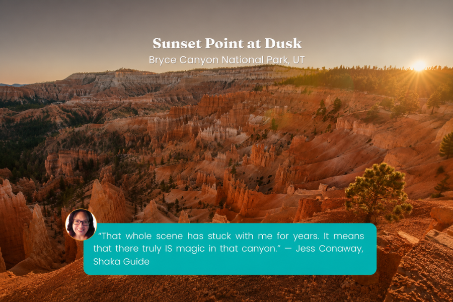 The colorful hoodoos of Bryce Canyon glow in warm evening light as the sun sets over the canyon. The image includes a traveler quote reflecting on the unforgettable scenery.