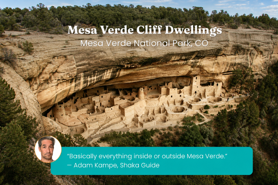 Ancient cliff dwellings are built into a massive sandstone alcove surrounded by rugged canyon walls. The image includes a traveler quote highlighting Mesa Verde's remarkable attractions.