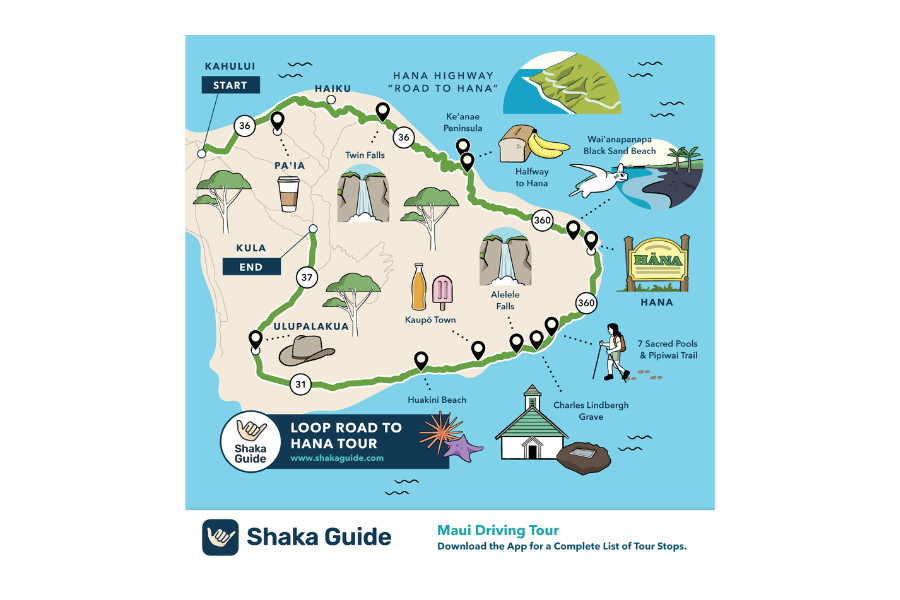 Illustrated map of Maui’s Loop Road to Hana Tour showing the full driving route, major stops, and scenic landmarks from Kahului to Kula.