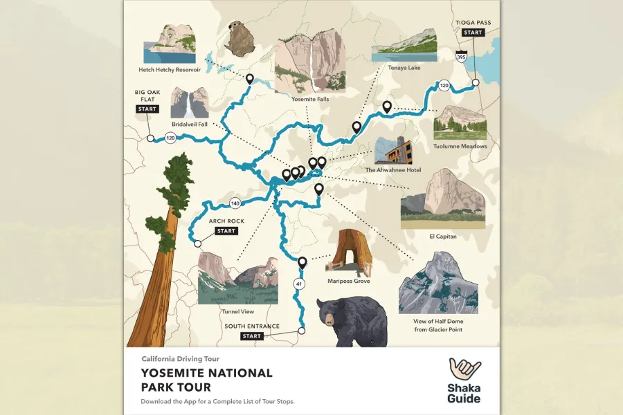 Illustrated map of Yosemite National Park showing the driving tour route, major landmarks, scenic viewpoints, and key stops across the park.