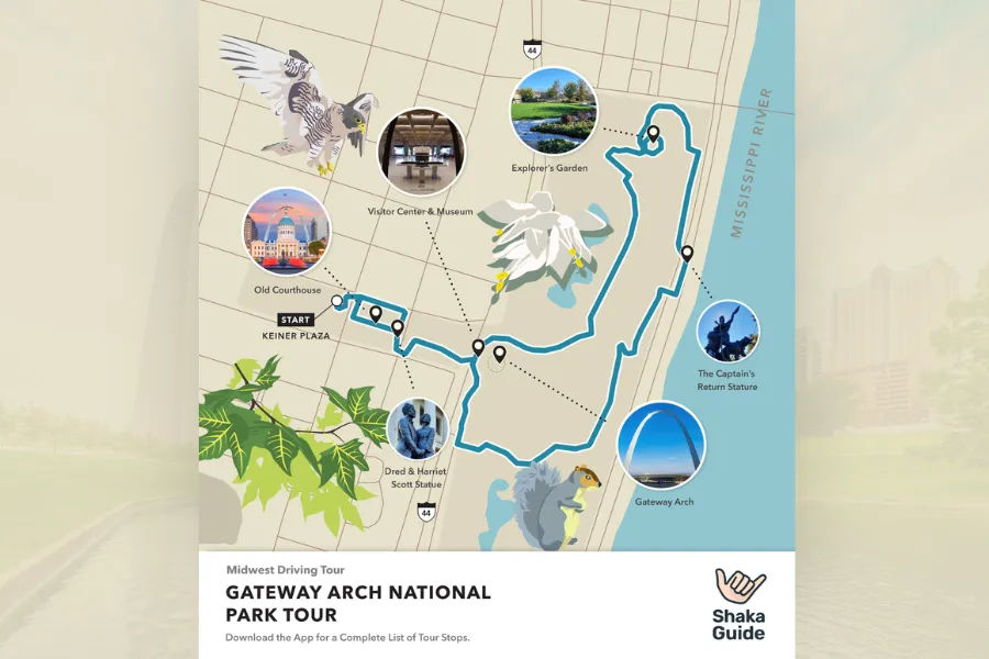 An illustrated Shaka Guide walking tour map of Gateway Arch National Park in St. Louis, highlighting stops such as the Old Courthouse, Dred & Harriet Scott Statue, Explorer's Garden, and the Captain's Return Statue, decorated with illustrations of a hawk, egret, and squirrel along the Mississippi River.