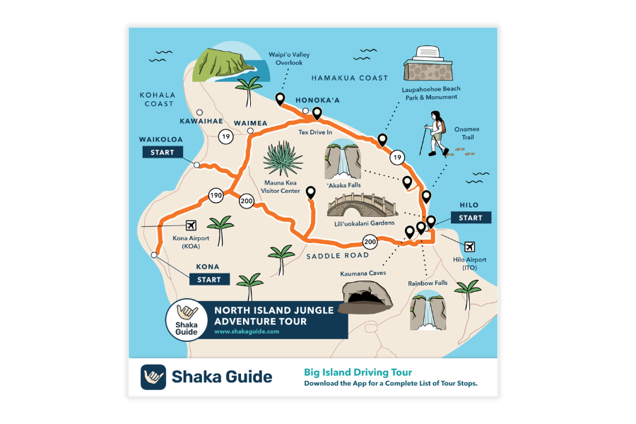 Illustrated map of Hawaii’s North Island Jungle Adventure Tour showing the driving route, major stops, and start points from Waikoloa, Kona, and Hilo.