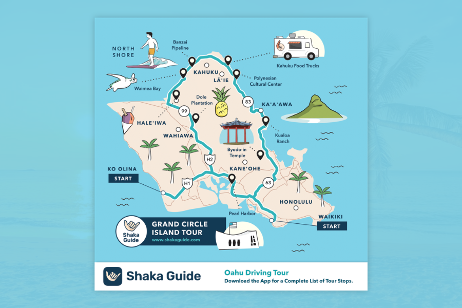 Illustrated map of Oahu showing the Grand Circle Island Tour route with major stops, landmarks, and start points around the island.