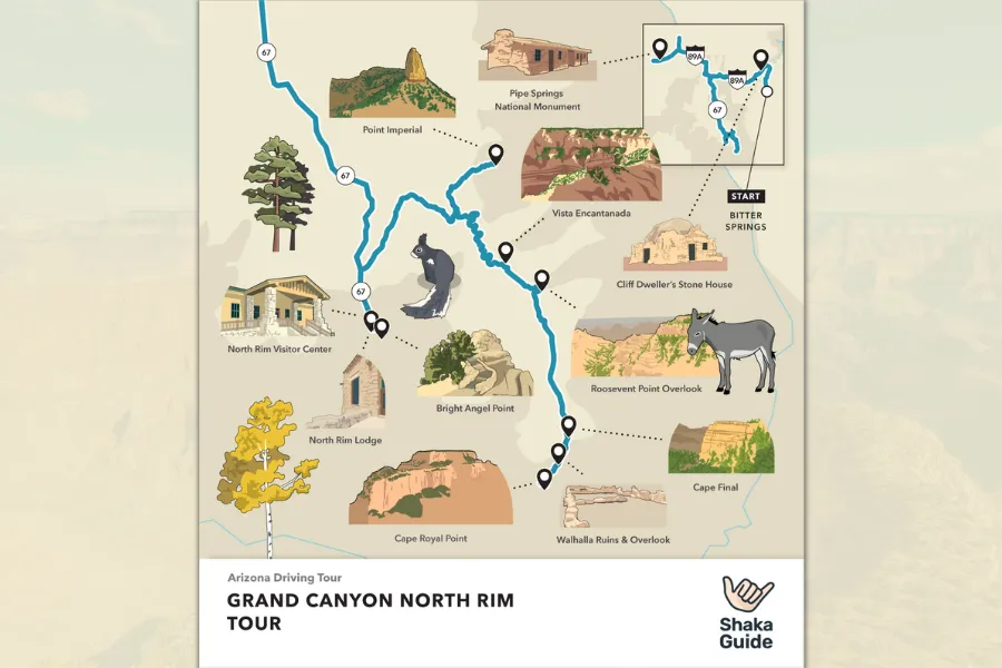 Illustrated map of the Grand Canyon North Rim Tour showing the driving route, major viewpoints, landmarks, and scenic stops across the park.