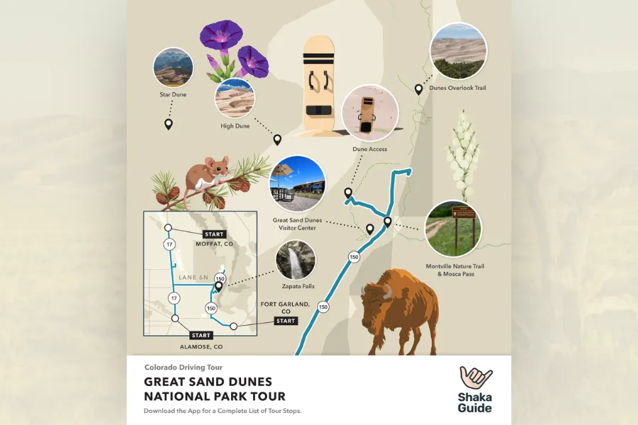 Illustrated map of the Great Sand Dunes National Park Tour showing key stops including Zapata Falls, Visitor Center, Dune Access, High Dune, Star Dune, Dunes Overlook Trail, and Montville Nature Trail. Features icons of a bison, flowers, a mouse, and a sandboard, with routes marked from Alamosa and Fort Garland, CO.