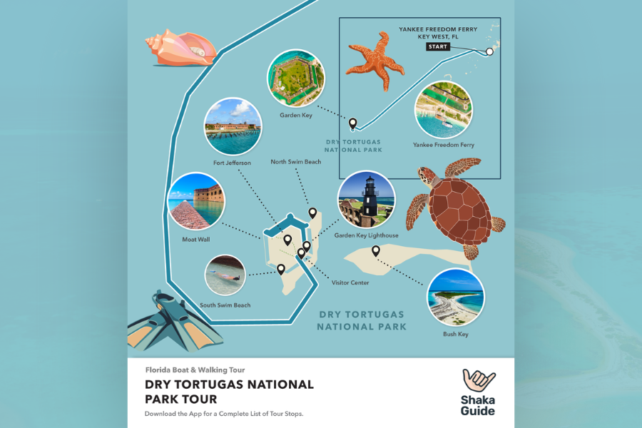 Illustrated tour map of Dry Tortugas with Fort Jefferson, ferry route, and snorkel beaches.