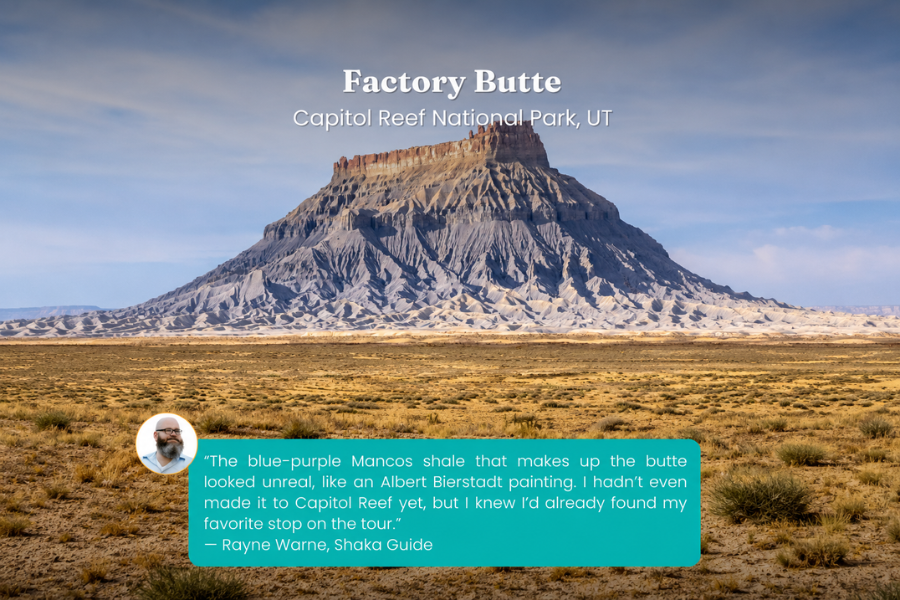 Factory Butte rises dramatically above the desert landscape, showcasing its distinctive layered rock formations. The image features a traveler quote describing its striking colors and scenery.
