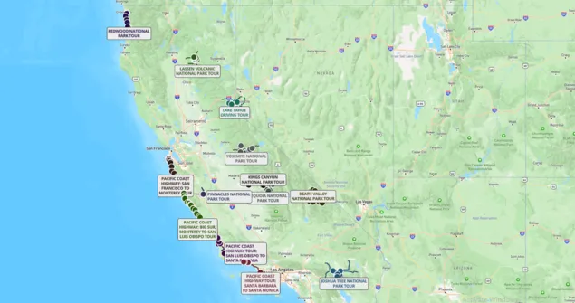 A map of California highlights Shaka Guide tour locations across the state, including national parks, scenic drives, and regional destinations. Labeled markers identify tours for Redwood National Park, Lassen Volcanic National Park, Lake Tahoe, Yosemite National Park, Kings Canyon National Park, Sequoia National Park, Death Valley National Park, Joshua Tree National Park, Pinnacles National Park, and multiple Pacific Coast Highway segments. The Pacific Coast Highway route is shown in four sections running along California’s coastline from San Francisco to Santa Monica, while inland parks are distributed throughout the Sierra Nevada, Central Valley, desert regions, and far northern California.