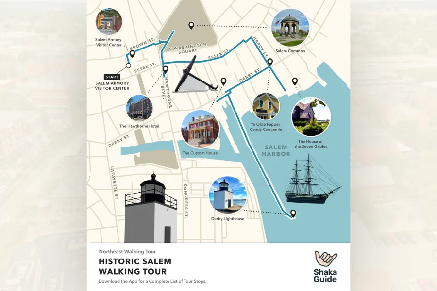 Illustrated map of the Historic Salem Walking Tour showing landmarks like the House of the Seven Gables, Salem Common, the Custom House, and Derby Lighthouse along a marked route through downtown Salem, Massachusetts.