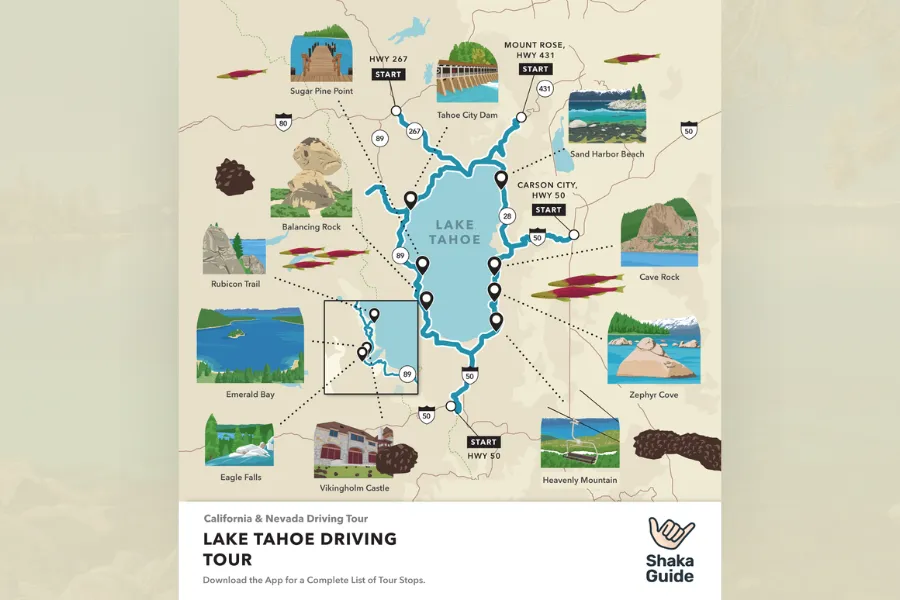 Illustrated map of the Lake Tahoe Driving Tour showing the route around the lake and featured stops, including Emerald Bay, Eagle Falls, Vikingsholm Castle, Sand Harbor Beach, and Cave Rock.
