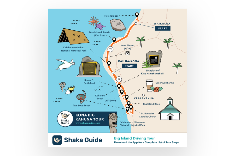 Illustrated map of the Kona Big Kahuna Tour showing the coastal driving route, key stops, and start points near Waikoloa and Kailua-Kona.
