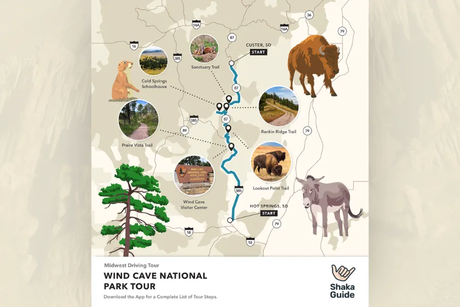 Illustrated driving tour map of Wind Cave National Park, highlighting major stops and trails.