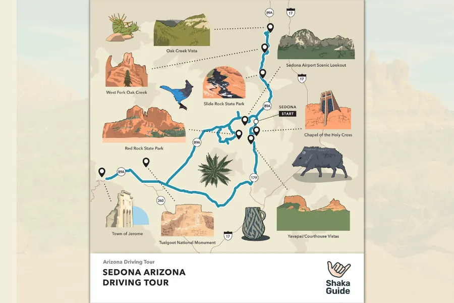 Illustrated map of the Sedona Arizona Driving Tour showing the route, scenic overlooks, major landmarks, and stops around Sedona and Oak Creek.