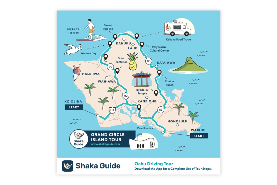 Illustrated map of Oahu showing the Grand Circle Island Tour route with major stops, landmarks, and start points around the island.