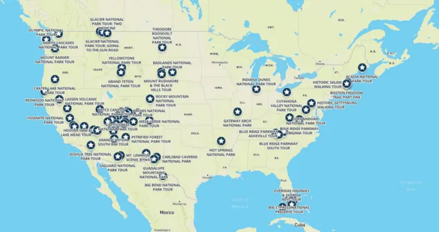 Map of the United States highlighting Shaka Guide’s national park and city audio tours across the country.