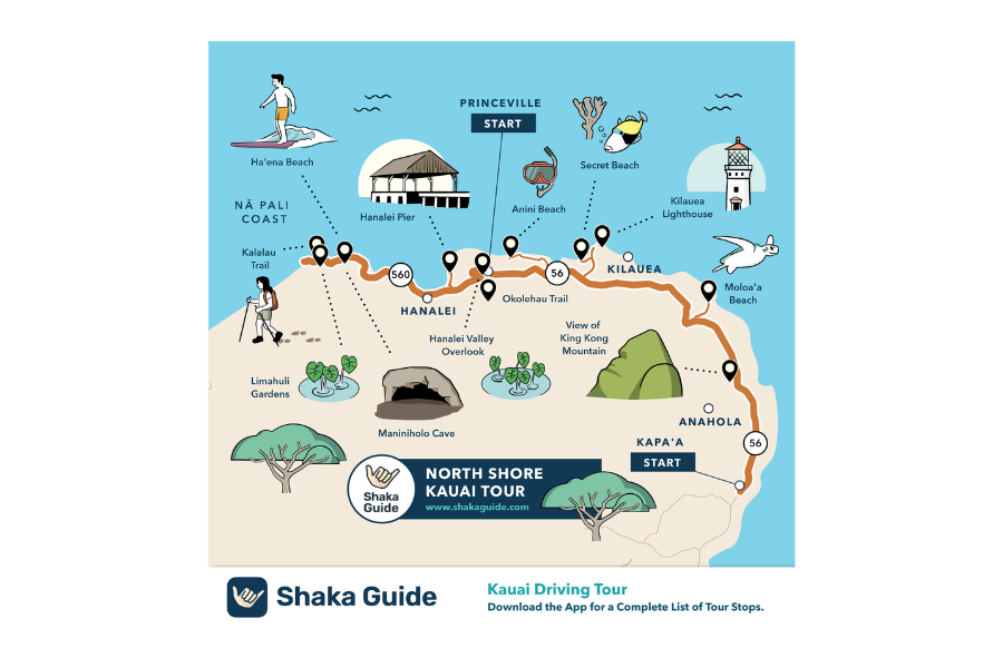 Illustrated map of Kauai’s North Shore Tour showing the driving route, scenic stops, beaches, and start points near Princeville and Kapaa.