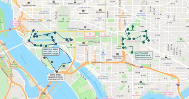 A map of Washington, D.C., showing three color-coded self-guided walking tour routes offered by Shaka Guide. A blue route outlines the National Mall Walking Tour, a teal route traces the Tidal Basin Walking Tour to the south, and a dark green route covers the Capitol Hill Walking Tour to the east. Each route is marked with numbered stops along the path. Key landmarks and neighborhoods — including the National Mall, Tidal Basin, Capitol Hill, Penn Quarter, and the Waterfront — are visible on the underlying street map.