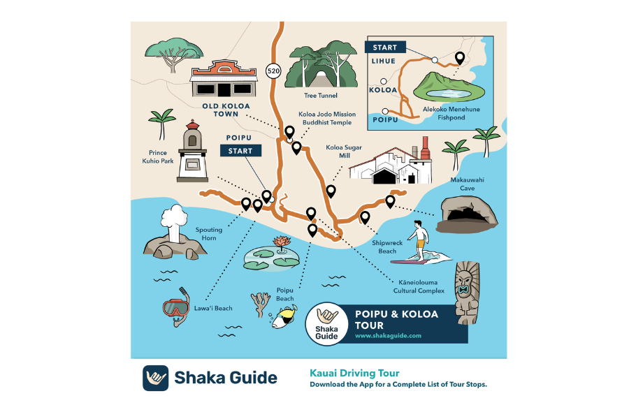 Illustrated map of Kauai’s Poipu and Koloa Tour showing the driving route, scenic stops, and starting points near Lihue and Poipu.