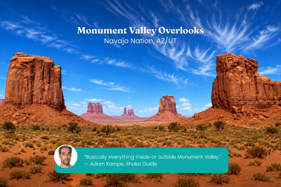 Iconic red sandstone buttes rise from the desert beneath a bright blue sky with wispy clouds. The image features a traveler quote celebrating the beauty of Monument Valley.