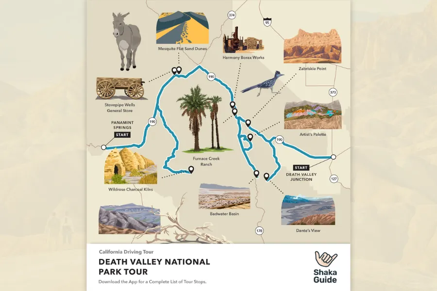 Illustrated map of Death Valley National Park showing the driving tour route, major landmarks, scenic stops, and viewpoints across the park.